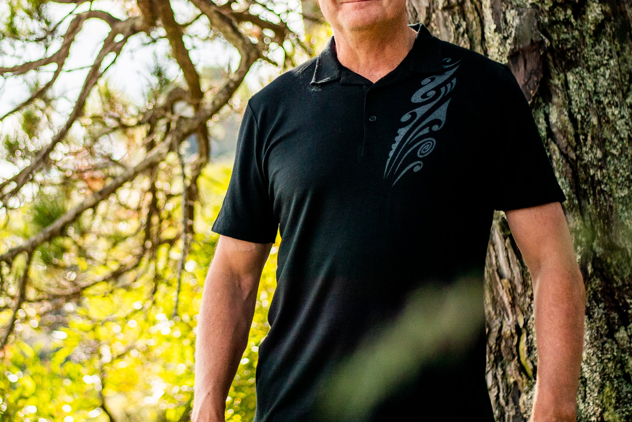 Merino Men's Black Polo With Print. Made in New Zealand.