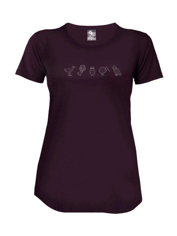Merino Ladies Native Birds Tee. Made in New Zealand.