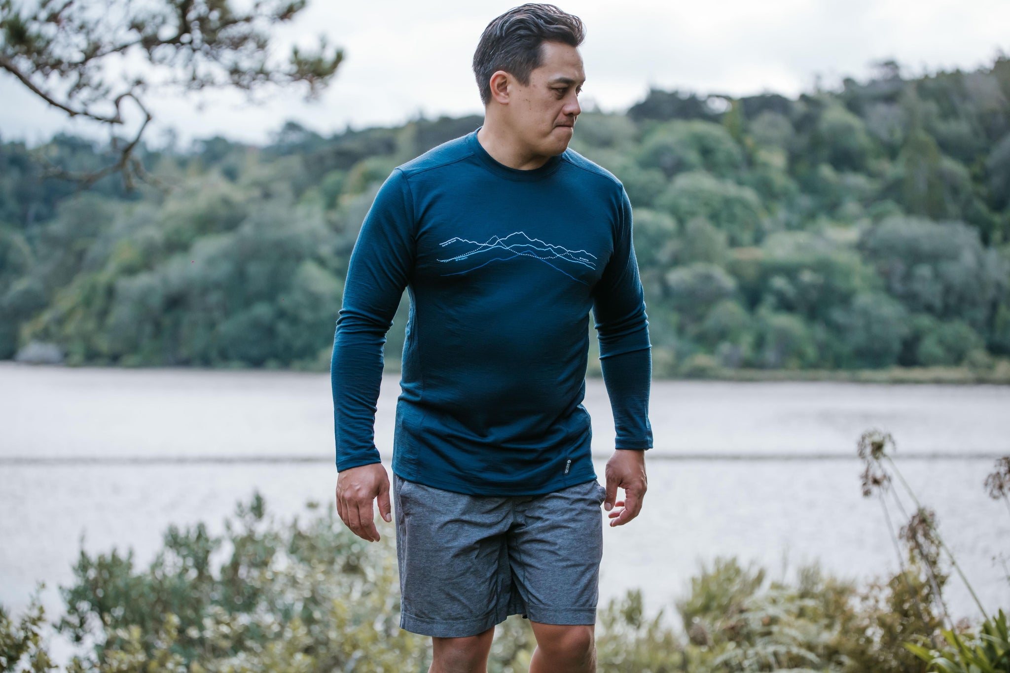 Merino Men's Long Sleeved Mountain Peaks Tee. Made in New Zealand.