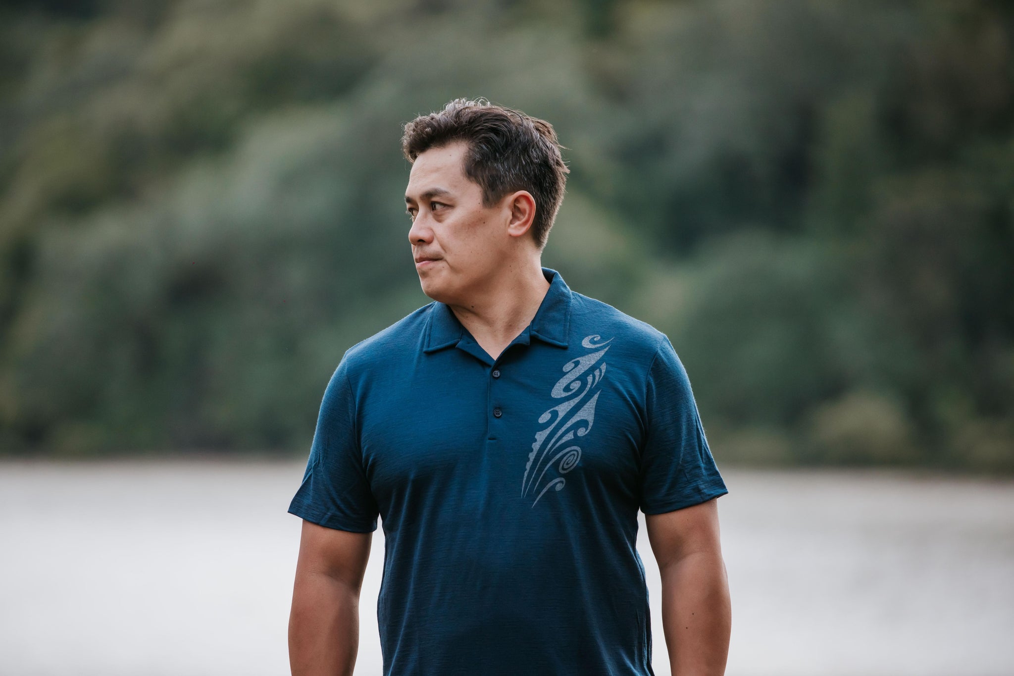 Merino Men's Ink Blue Polo With Print. Made in New Zealand.