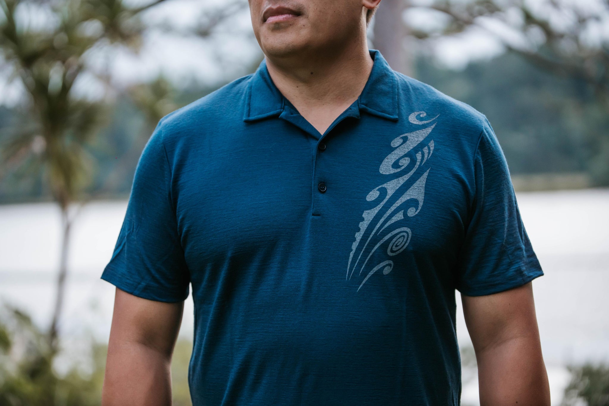 Merino Men's Ink Blue Polo With Print. Made in New Zealand.