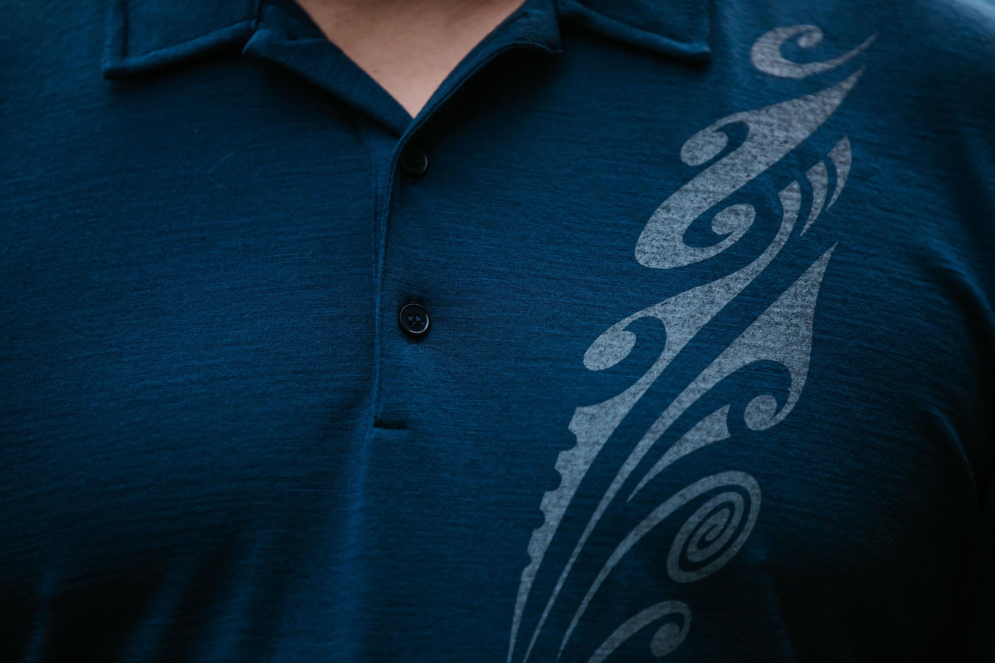 Merino Men's Ink Blue Polo With Print. Made in New Zealand.
