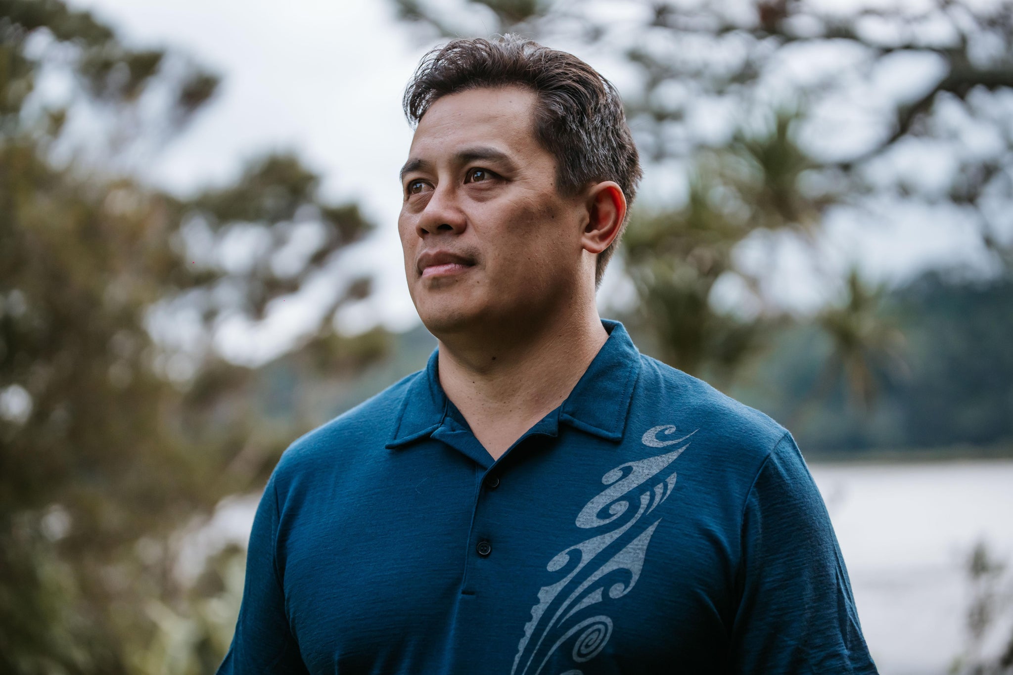 Merino Men's Ink Blue Polo With Print. Made in New Zealand.