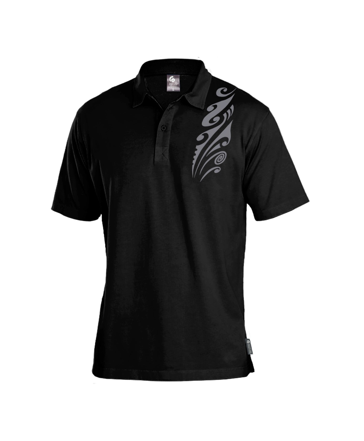Merino Men's Black Polo With Print. Made in New Zealand.