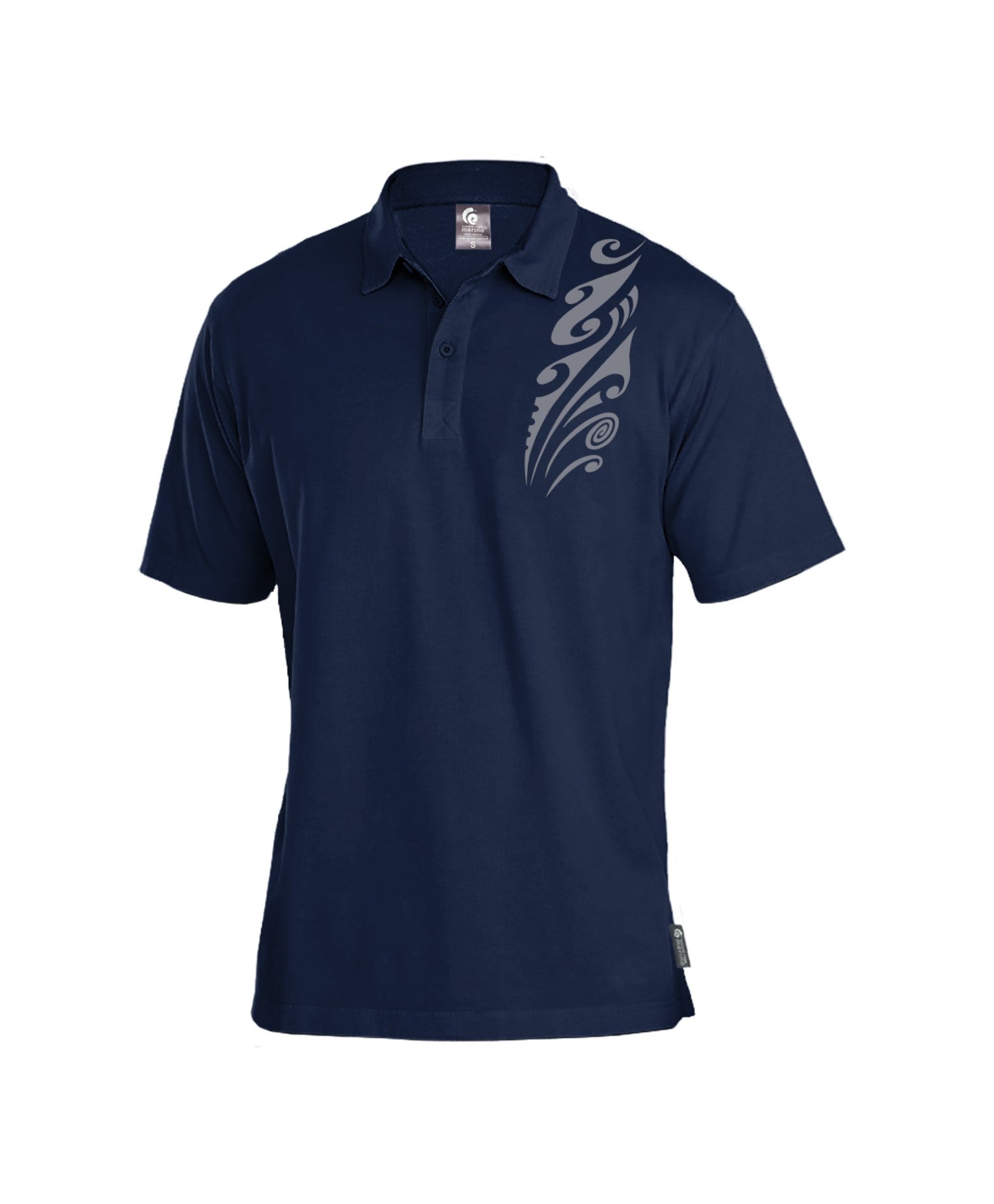 Merino Men's Ink Blue Polo With Print. Made in New Zealand.