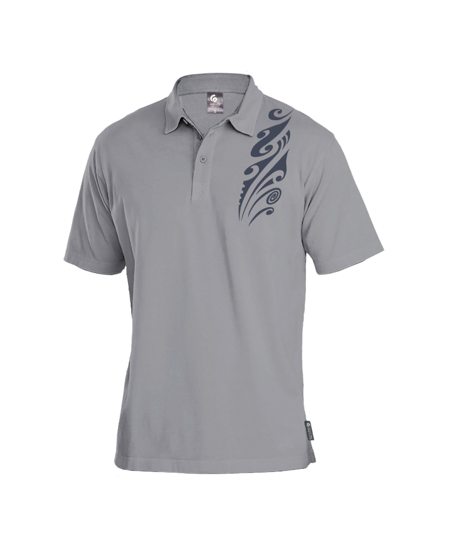 Merino Men's Silver Polo With Print. Made in New Zealand.